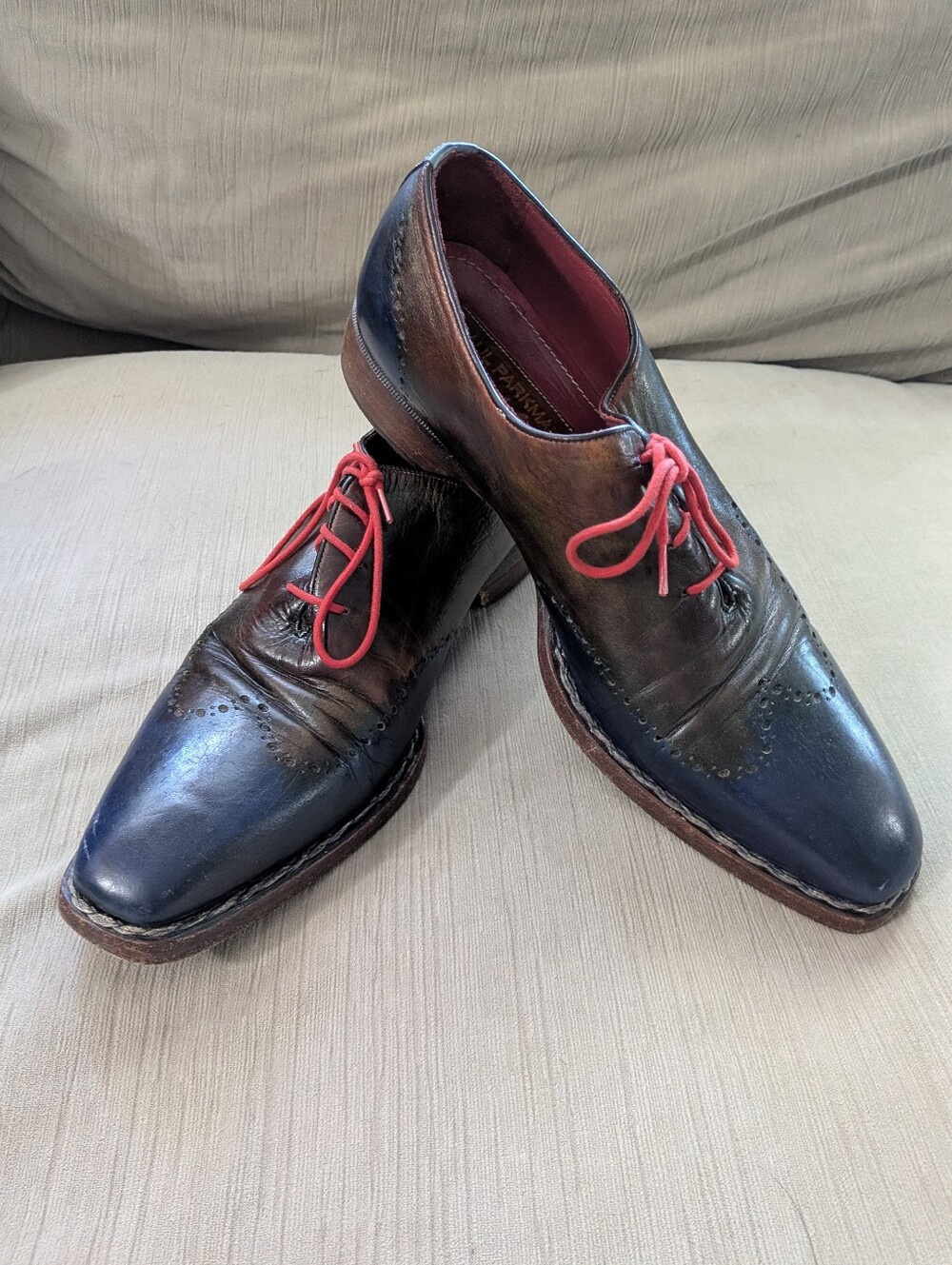 Paul Parkman Men's Two-Tone Navy and Brown Leather Dress Oxfords with Red Laces